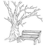 An old, time-damaged wooden park bench stands forlornly under a gnarled, bare deciduous tree with protruding, wind-broken branches. Concept of aging, emptiness and loneliness. Outline illustration vector