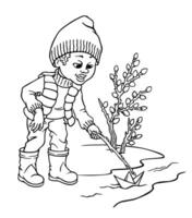 A boy in rainboots launches paper boat in stream with melting snow against the blossoming willow branch. Signs of spring. Hand-drawn outline illustration for coloring book, postcard graphic designs vector