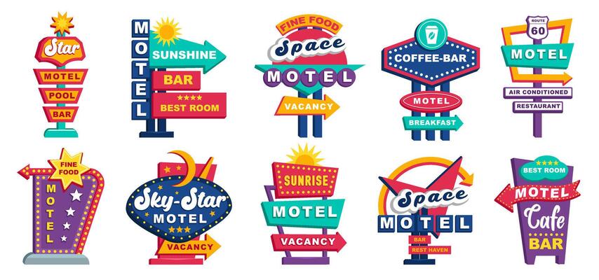 Vintage American Road Signs and Motel Elements. Retro Street Pointer Icon Set