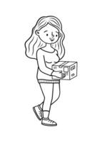 A girl with a parcel from the postman or courier, black and white outline.The concept of home delivery, courier mail and e-commerce. Online ordering of infographics, web pages, and application design. vector