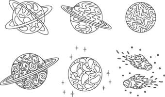 A set of three contoured black and white planets and comets. Galaxy signs with orbiting planets in the form of round illustrations on a white background vector