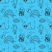 Cute children's marine drawing with fish, turtles, starfish, octopuses, jellyfish and shells on a blue background. Drawing for printing, children's textiles and wrapping paper vector
