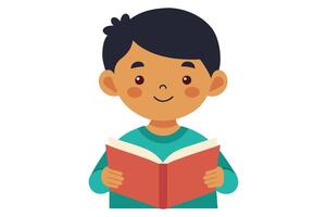 A cute boy reading a book with a joyful expression vector