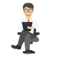 Man is using a tablet. Consultant sitting in an armchair vector