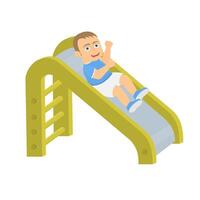 A child rides on a children's slide. A child playing with a toy vector