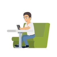 A man with a smartphone. A young man is sitting and sending messages via chat vector