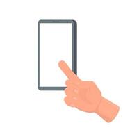 The hand points at the phone screen. The finger points at the smartphone vector