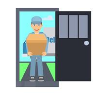 Delivery man with a box. Courier with a parcel in an open door vector