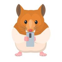 A hamster with a phone. An animal is playing a game on a smartphone vector