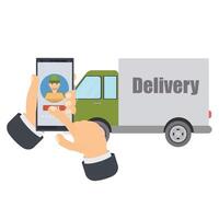 Calling a courier in a delivery car on a mobile phone. Smartphone delivery service vector