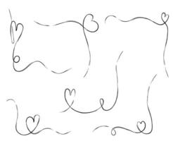 Heart line frame. Doodle hand drawn love art border with continuous stroke for wedding decoration. Abstract romantic corner motif. Separate elegant scribble element for card. Handdrawn ink design. vector