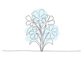Bouquet of abstract flowers in continuous stroke drawing with color stain. One line art floral design. Spring or summer poster post banner decoration. vector