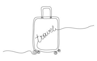 Suitcase one continuous line for travel. Bag linear icon. Editable stroke drawing of a baggage. Summer outline text. vector