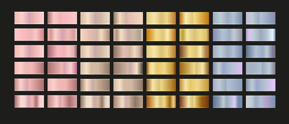 Gold rose, silver, holographic, bronze and golden foil texture gradation set. shiny hologram and metallic gradient collection