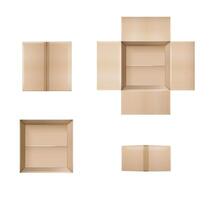 Box. Empty open and closed cardboard box. Realistic cardboard box mockup set from side, front and top view open and closed isolated on white background. Parcel packaging template. vector
