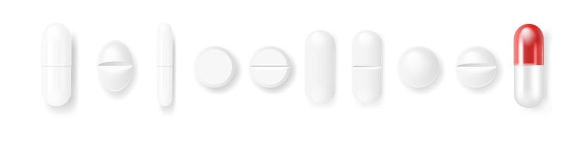3d Realistic White Medical Pill Icon Set Closeup Isolated on Transparency Grid Background. Design template of Pills, Capsules for graphics, Mockup. Medical and Healthcare Concept. Top View vector