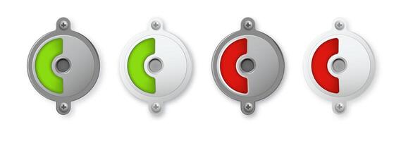 Toilet or restroom locks green and red round metal isolated on white. Occupied and Free. Regular public restroom door mechanism indicating. vector