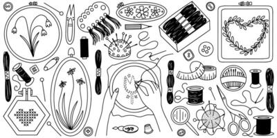 Embroidery elements doodle set. Hand drawn cross stitch and embroidery tools set. Embroidery threads, canvas, hoop, needles, thread a needle, floss, scissors sketches vector