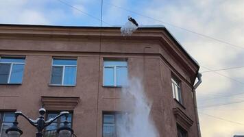 Worker from city service clears snow and ice from roof of apartment building. Preventing ice buildup video