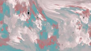 An abstract pattern of swirling clouds in teal, pink, white, and gray hues with small black shapes scattered throughout. The design evokes a dynamic, space-inspired aesthetic with a fluid and cosmic f video