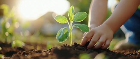 child gently plants young seedling in rich soil, showcasing nurturing moment in nature. sunlight creates warm, inviting atmosphere photo