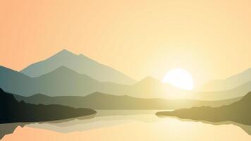 Landscape of mountain lake scenery. Panoramic view of mountain and pine forest with serene lake.Illustration of tranquil landscape with coniferous trees and mountain reflection on the water vector