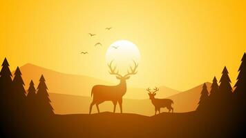 Wildlife landscape of deer silhouette on a mountain ridge scenery. Panoramic view of deer on a hill with coniferous tree.Illustration of scenic landscape with deer in the pine forest vector