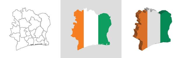 Ivory Coast outline, fill with flag and 3d map vector