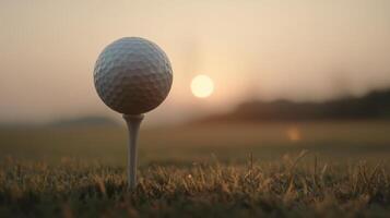 golf ball on tee at sunrise, surrounded by grass, creating serene and peaceful atmosphere for golfers photo