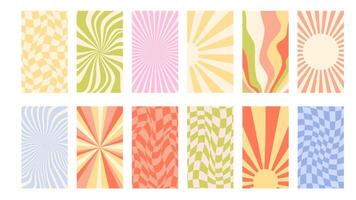 Set of vintage retro backgrounds in 80s style. Retro aesthetics of hippie, groovy. Sun rays, spirals, twisted lines, checkerboard pattern. bg vector