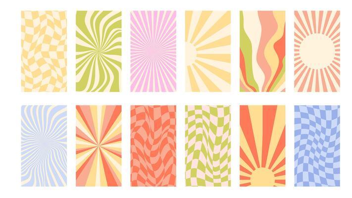 Set of vintage retro backgrounds in 80s style. Retro aesthetics of hippie, groovy. Sun rays, spirals, twisted lines, checkerboard pattern. bg