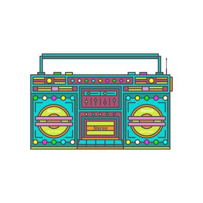 Old multi-colored tape recorder on a white background.