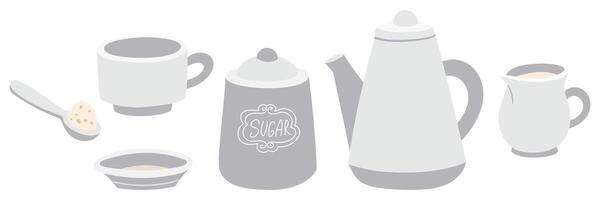 Kitchen utensils for tea drinking. Porcelain teapot, mug, saucer, sugar bowl, cream container. The dishes are varied. Retro-style flatware for liquids. Separate color illustration in gray vector