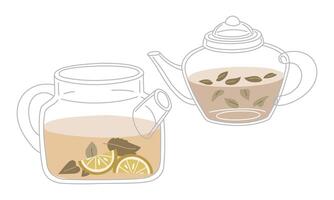 A set of transparent glass teapots with tea leaves and lemon. An open kettle with lemon slices. closed with tea. A kettle for a traditional and cozy tea party. Flat color illustration vector