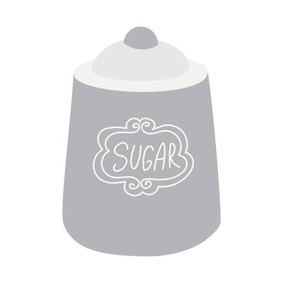 The porcelain sugar bowl is white with an inscription. Insulated jar for storing crumbly sugar on a white background. A sweetener for tea. A flat illustration of a storage jar. Kitchen utensils