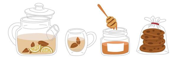 set of items on the theme of the tea ceremony. It's time for tea party. illustrations of tea set with teapot, mug, package of oatmeal cookies, honey on a white. Items for cozy tea party vector