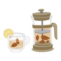 set of teapot and mug. Tea ceremony themed products. It's time for the tea party. illustrations of a tea set with a teapot, mug and lemon on a white background. Items for a cozy tea party vector