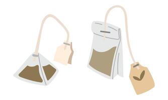 set of flat tea bags and pyramid. Green, black, triangular, rectangular, tea bags for brewing. bag with a label. It's time for tea. For hot drinks that can be brewed in water. Color light illustration vector