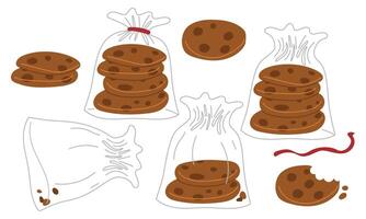 set of cookies in packages. Oatmeal cookies with chocolate chips in various states in transparent sealed package. Sweets for tea. Flat illustration with a picture of food on a white background. vector