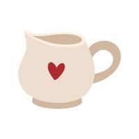 container for cream or milk. Porcelain container for adding milk liquids to tea or coffee. A mug with a spout and a heart pattern. Retro flat-style tableware for liquids. Isolated color illustration vector