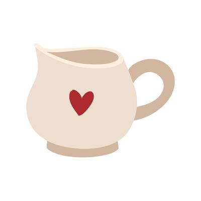 container for cream or milk. Porcelain container for adding milk liquids to tea or coffee. A mug with a spout and a heart pattern. Retro flat-style tableware for liquids. Isolated color illustration