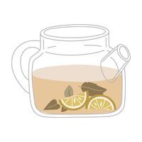 Transparent glass teapot with tea leaves and lemon. An open teapot with lemon slices. A brewing kettle for a traditional and cozy tea party. Flat color illustration vector