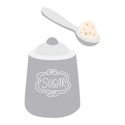 sugar bowl with a porcelain spoon is white with an inscription. Insulated jar for storing crumbly sugar on a white background. sweetener for tea. flat illustration of a storage jar. Kitchen utensils
