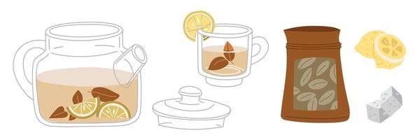 collection of elements in the tea ceremony theme. It's tea time. illustrations of a tea set with a teapot, mug, tea bag, lemon, sugar cubes on a white background. Items for a cozy tea party vector