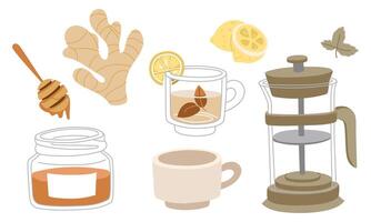 collection of elements in the tea ceremony theme. It's tea time. illustrations of a tea set with a teapot, mug, honey, lemon, ginger and sweets on a white background. Items for a cozy tea party vector