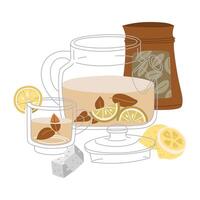 group of elements in theme of tea ceremony. It's time for the tea party. illustrations of tea set with teapot, mug, tea bags, lemon, sugar cubes on white background. Items for cozy tea party vector