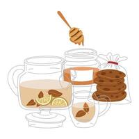 Illustration of group of objects on the theme of the tea ceremony. It's time for tea party. illustrations of tea set with teapot, mug, package of oatmeal cookies, honey on white. cozy tea party vector