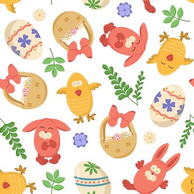 seamless pattern with Easter bunnies, chicks and baskets. Easter egg hunt invitation template on white background. Wallpaper and packaging design.