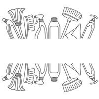 frame with objects for house cleaning and copy space. Drawing for business card with sanitary items in doodle style. vector