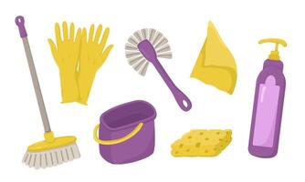 set of household items for spring cleaning. Horizontal banner for various designs with sanitary attributes for cleaning. vector